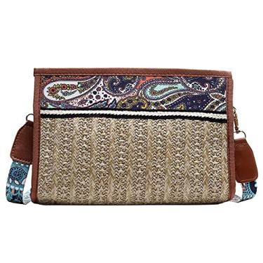 Imagem de Bolsa feminina de palha bolsa de tecido bolsa transversal bolsa de praia boêmio bolsa de ombro bolsa de palha bolsa com zíper, Caqui
