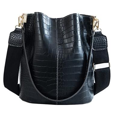 Imagem de Bolsa balde de couro bolsa transversal para mulheres moda clássica padrão crocodilo grande bolsa de ombro bolsas de mão, Preto