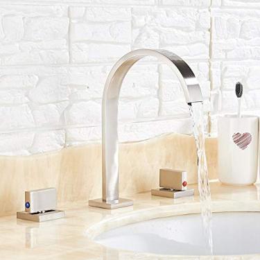 Imagem de Torneira de lavatório de banheiro dourado torneira de pia de pia de manípulo duplo torneiras de lavatório montadas no convés torneira de água quente e fria torneira misturadora, níquel escovado, china