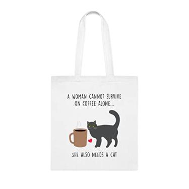 Imagem de A Woman Cannot Survive On Coffee Alone, sacola de gato, presente engraçado para amantes de gatos, bolsa de ombro, bolsas reutilizáveis, ideia de presente de cesta de Natal de aniversário, Branco