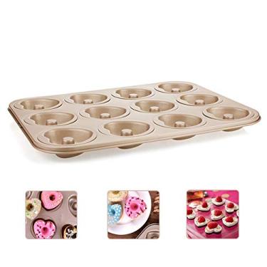 Imagem de ROARINGWILD Heart Donut Mold Nonstick Doughnut Small Cake Baking Pan Carbon Steel Baking Tray Cake Pan Mold for 12 Donuts Baking Beginners and Cake Lovers