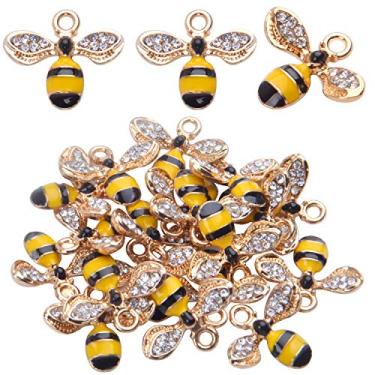 Imagem de 20 pingentes esmaltados de abelha amarela com strass e abelha de mel para artesanato, para fazer pulseiras de jelwery, dourado