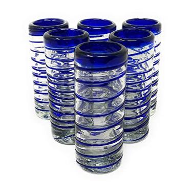 Imagem de Dos Sueños Copos de dose de tequila mexicana soprados à mão – Conjunto de 6 copos de tequila em espiral azul (59 ml cada)