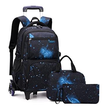 Imagem de ACAGALA Mochila Rolante Infantil Para Meninos, Meninas, Mochila com Rodas, Carrinho, Mochila Escolar, Mochila com Lancheira, Bolsa de Lápis (Céu Estrelado Preto E Azul) Céu Estrelado Preto E Azul