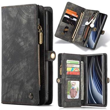 Imagem de Capa carteira para Samsung Galaxy Note 20 para mulheres, homens e meninas, durável, 2 em 1, couro premium destacável, PU, com 11 compartimentos para cartões, bolsa magnética com zíper, alça de alça de pulso (preto)