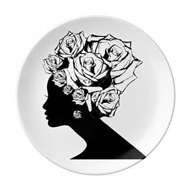 Imagem de Prato de plantas de flores brancas e preto rosa de porcelana salver louça de jantar