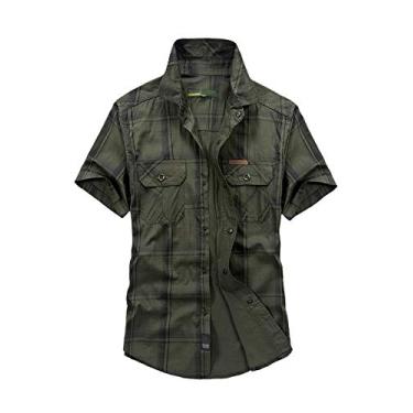Imagem de IKIIO Camisa xadrez masculina de verão, ajuste regular, botão de pressão, casual, manga curta, algodão, Verde militar, L