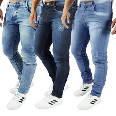 Imagem de kit 3 calça jeans masculina slim com elastano tamanho:48;cor:Colorido
