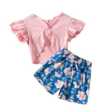 Imagem de Conjunto de roupas infantis verão meninas manga curta conjunto de camiseta de algodão malha infantil duas peças camisa e (rosa, 12-18 meses)