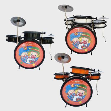 Imagem de Bateria Infantil Pop PP, Patati Patatá Luen, com pedal, banco, baquetas, pratos e canetinhas.