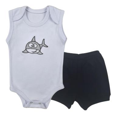 Imagem de Conjunto Body Regata Bordado Tubarão e Short Tapa Fralda - Roupa Bebê Menino-Masculino