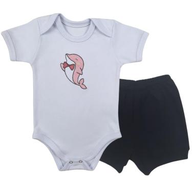 Imagem de Conjunto Body Manga Curta Bordado Golfinho e Short Tapa Fralda - Roupa Bebê Menina-Masculino