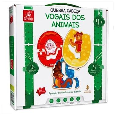 Imagem de Quebra-Cabeça de Madeira, Vogais Dos Animais, 15 peças, Brincadeira de Criança