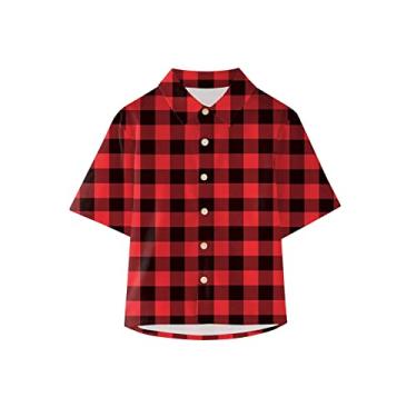 Imagem de Camisetas estampadas de manga comprida para meninos ocidentais roupas de bebê menino xadrez letras estampadas camisetas curtas jovens grande, Vermelho, 13-14 Anos