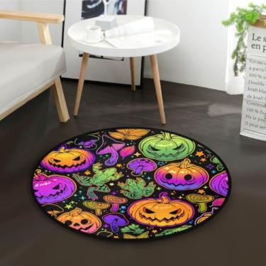 Imagem de Tapete redondo brilhante colorido Halloween abóboras cogumelos para quarto tapete lavável tapete de ioga para decoração de casa tapete macio de área pequena para sala de estar 1,8 m