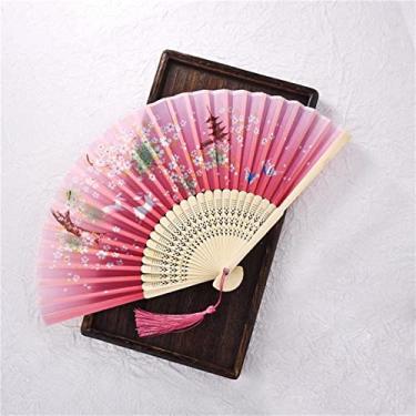 Imagem de Leque dobrável estilo vintage ventilador dobrável de seda padrão chinês japonês arte artesanato presente decoração de casa ornamentos ventilador de mão dança acessórios decorativos feitos à mão (cor: H, tamanho: 38X21cm)