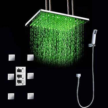Imagem de Cascada Conjunto de chuveiro de banheiro luxuoso com chuveiro de LED de potência de água (montagem centralizada) Rainfall termostático 6 jatos de massagem Spray Body Shower Set (101 cm, ouro escovado)
