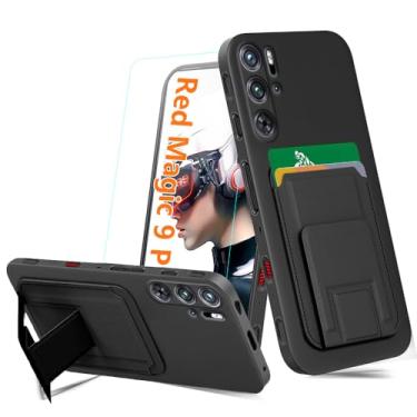 Imagem de Pusiikeer Capa de celular para Red Magic 9 Pro - preta, carteira dobrável com suporte para cartão, capa de silicone com protetor de tela de vidro temperado