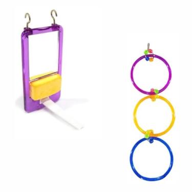 Imagem de Kit 2 Brinquedos Espelho Com Pedra de Cálcio e Argolas Para Calopsita Agapornis e Periquito