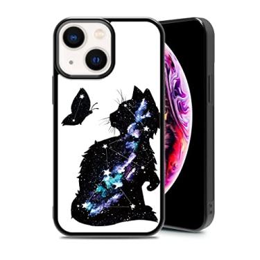 Imagem de RSMTCI Capa de gato preto para iPhone 13 Mini capa de silicone ultra à prova de choque proteção engraçada linda borboleta azul capa de telefone para meninas mulheres capa de bebê, 5,4 polegadas preta