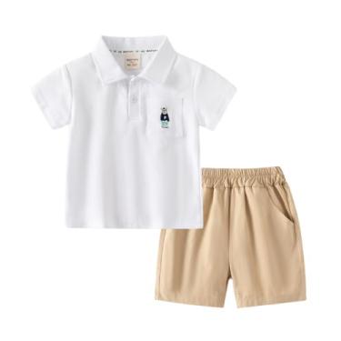 Imagem de Conjunto de shorts de camisa polo para bebês meninos desenho animado algodão sólido manga curta esporte 2 peças conjuntos de terno curto, Branco, 120/4-5 Y