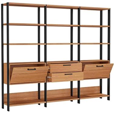 Imagem de Estante Elegante 3 Torres com 1 Gaveteiro e 2 Porta 2,16 MT (LARG) cor Freijo com Preto Fosco - 52832 Sun House