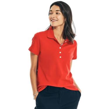 Imagem de Nautica Camisa polo feminina de algodão de manga curta com 5 botões, (Coleção 2024) Tomales Red, M