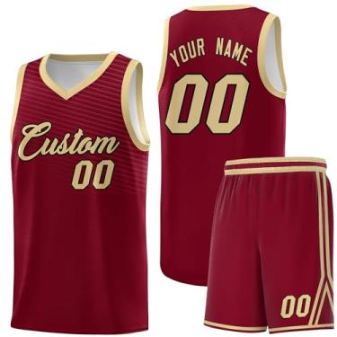 Imagem de Camiseta personalizada de basquete Jersey uniforme atlético hip hop impressão personalizada número de nome para homens jovens, Crimson & khaki-32, One Size
