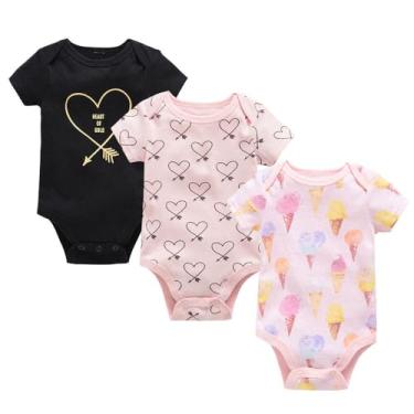 Imagem de Katutude Pacote com 3 bodies para bebês de manga curta camiseta macia respirável de algodão peça única para bebê 0-3 meses, Coração de amor (pacote com 3), 0-3 Months
