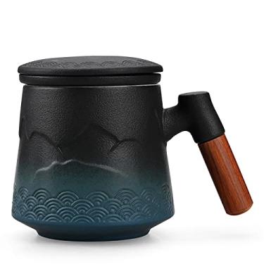 Imagem de NCQIXIAO Xícara de chá com infusor e tampa, caneca de chá com infusor Gradual Mountain e spray, caneca de café de cerâmica com alça de madeira com tampa, chá 430 ml (azul gradiente)