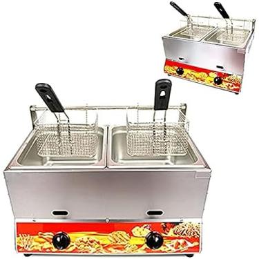 Imagem de Fritadeira a gás de bancada em aço inoxidável, fritadeira profissional comercial, grande capacidade de 22L, com cestos e tampa removíveis, poder de fogo ajustável, para chips de batatas frit