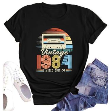 Imagem de Camisetas femininas de presente de aniversário de 40 anos, vintage, 1984, estampa de letras, retrô, casual, manga curta, Preto, P