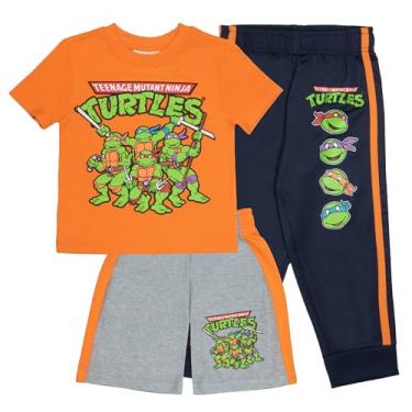 Imagem de Nickelodeon Conjunto de 3 peças de calça para meninos Tartarugas Ninja Teenage Mutant – Conjunto de 3 peças, camiseta de manga curta, shorts e jogger TMNT, Laranja/cinza/azul marinho, 8