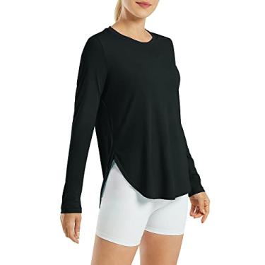 Imagem de G4Free Camisas femininas FPS 50+ UV manga longa treino sol camisa academia ao ar livre caminhada tops secagem rápida leve, Preto, GG