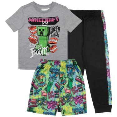 Imagem de Minecraft Conjunto de 3 peças de calça para meninos, camiseta de manga curta, shorts e calça jogger, pacote com 3 unidades para meninos, Cinza/verde/preto, 12
