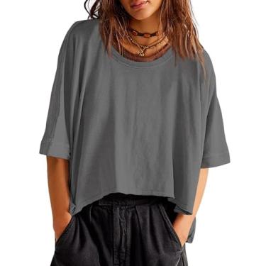 Imagem de Tankaneo Camisetas femininas grandes cropped verão casual manga curta ajuste solto, Cinza escuro, M