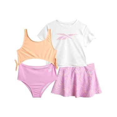 Imagem de Reebok Conjunto de roupa de banho para meninas – Camiseta e saia de secagem rápida de 3 peças com monoquíni recortado em uma peça – Conjunto de roupa de banho, Redemoinho de pêssego, 7