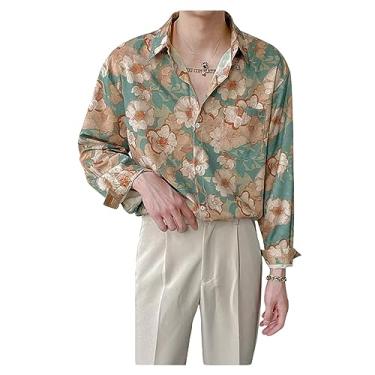 Imagem de Camisetas masculinas de manga comprida com estampa floral com botão e lapela com bolso suave e agradável à pele, Verde, XG