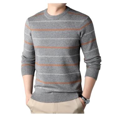 Imagem de Suéter masculino listrado fino camada base borda canelada pulôver base gola redonda camada tricotado, Cinza, 3G