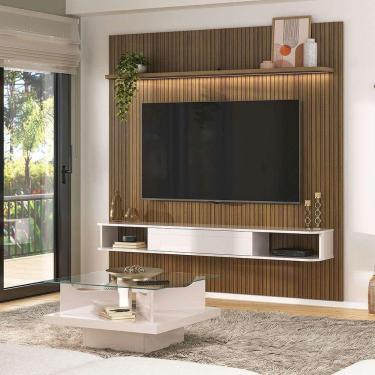 Imagem de conjunto de sala de estar beluno com painel para tv até 75 polegadas com led e mesa de centro clear carvalho e off white