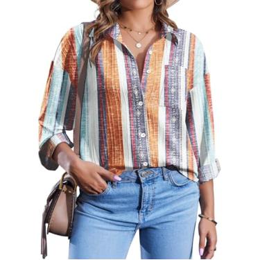 Imagem de IN'VOLAND Camisa feminina plus size de botão listrada com colarinho camisa de manga comprida texturizada blusa de trabalho tops com bolsos, Laranja, multicolorido, 25 Plus Size