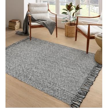 Imagem de Collive Tapete confortável de 1,2 m x 1,8 m, tapetes de quarto de algodão tecido cinza/creme, tapete moderno com detalhes internos com borla para sala de estar, berçário, sala de jantar, cabeceira,