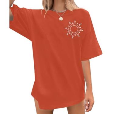 Imagem de Camiseta feminina grande com estampa de sol vintage estampa de sol, camisetas de caminhada, boho, verão, manga curta, Laranja, M