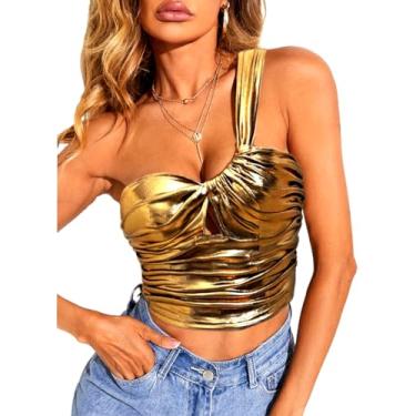 Imagem de Swahen Tops femininos sexy dourados brilhantes metálicos assimétricos um ombro de fora regata cropped para sair verão 2024, Dourado, M