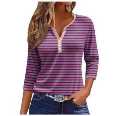 Imagem de Camisetas femininas de manga 3/4 de comprimento com botões e gola Henley Plus Size, camisetas confortáveis com estampa floral, Ofertas relâmpago roxo, M