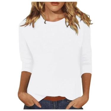 Imagem de Camisetas femininas de manga 3/4 de comprimento casual, gola redonda, túnica, camisetas básicas, blusas soltas, pulôver, Ofertas relâmpago branco, P