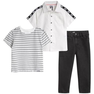 Imagem de DKNY Conjunto de calças para meninos – Camisa de manga curta com botões, camiseta e jeans stretch – Conjunto de roupa para meninos (2-7), Branco de inverno, 7