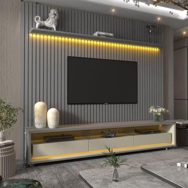 Imagem de Rack com Painel Ripado para Tv até 85 Polegadas Led 3 Gavetas com Rodízios 230cm Naturale Cinza/Off White