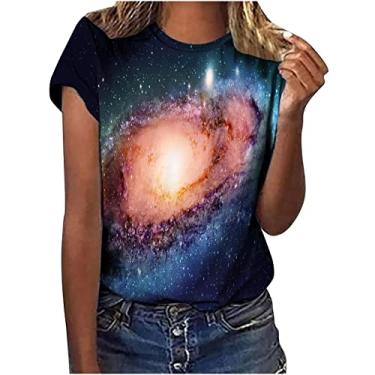 Imagem de MaMiDay Camisetas estampadas engraçadas para mulheres, manga curta, gola redonda, estampa cósmica, casual, solta, camiseta macia, Marrom, P