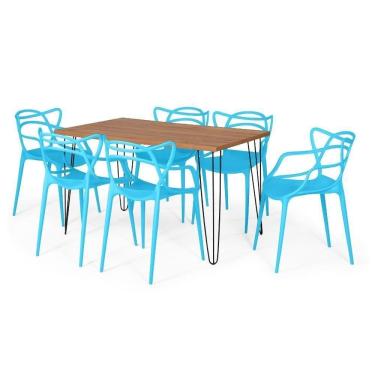 Imagem de Conjunto Mesa De Jantar 130x80cm Com 6 Cadeiras - Azul